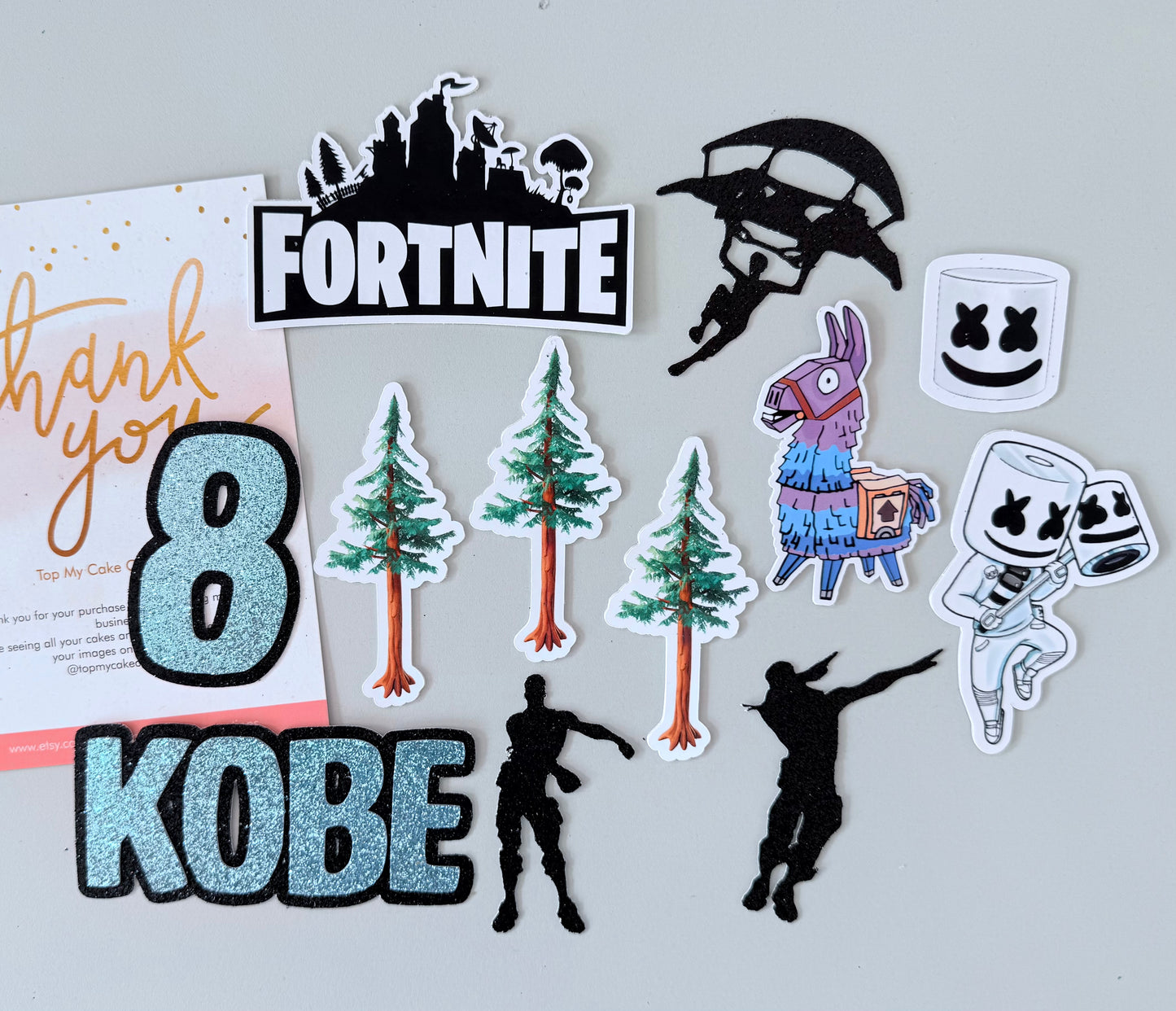 personalised Fortnite cake topper bundle. personalised name and age. llama marshmallow trees and character silhouettes