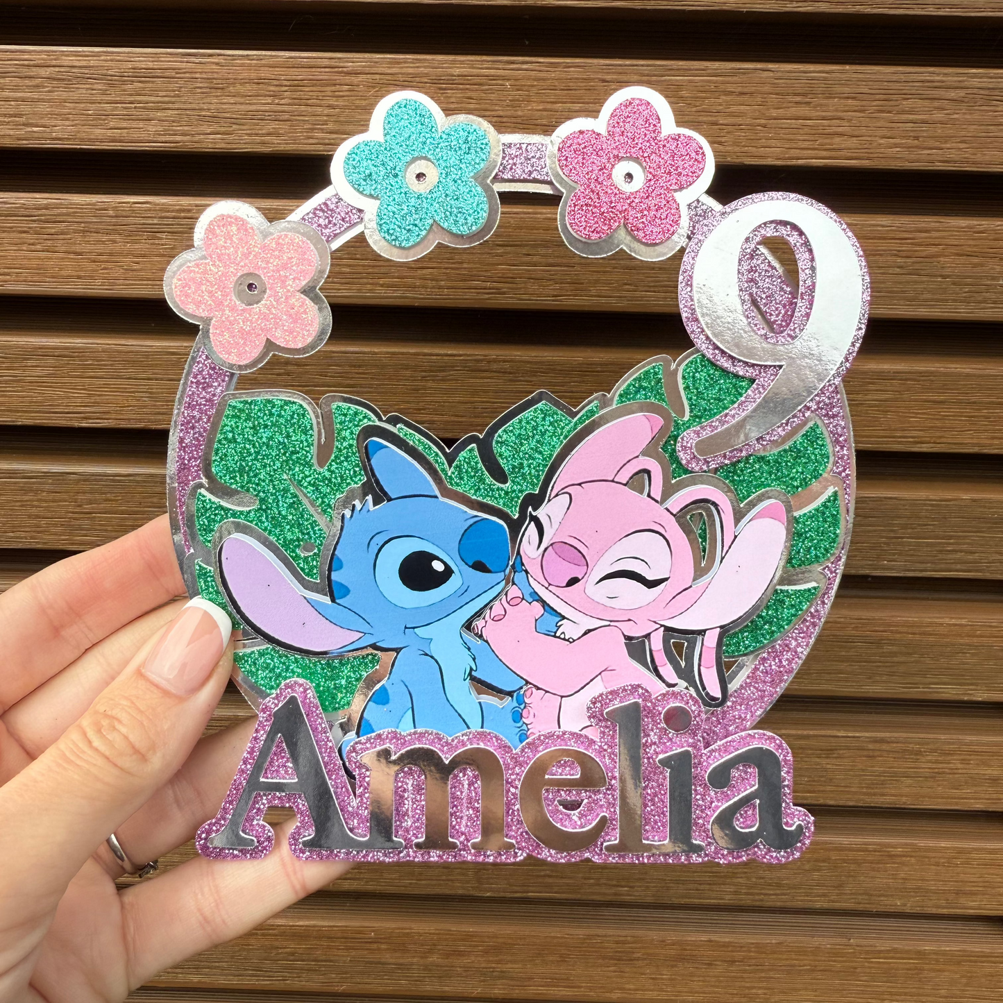 lilo & stitch themed 3d cake topper with personalised name and age and includes angel