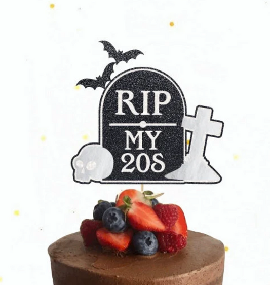 black and silver graveyard themed cake topper RIP to my 20s