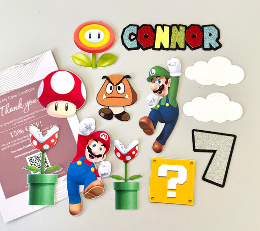 super Mario cake topper bundle
Mario luigi mushroom yellow box flowers clouds 