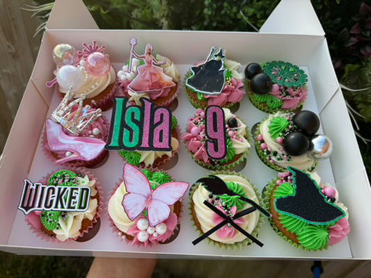 personalised name and age. witches hat. witches broomstick. butterfly. wicked logo. elphaba and Glinda 